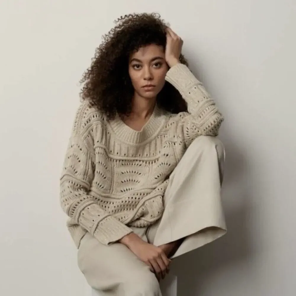 Club Monaco Mixed Pointelle Sweater Oatmeal Beige Cream Size XL NWT - Picture 4 of 9